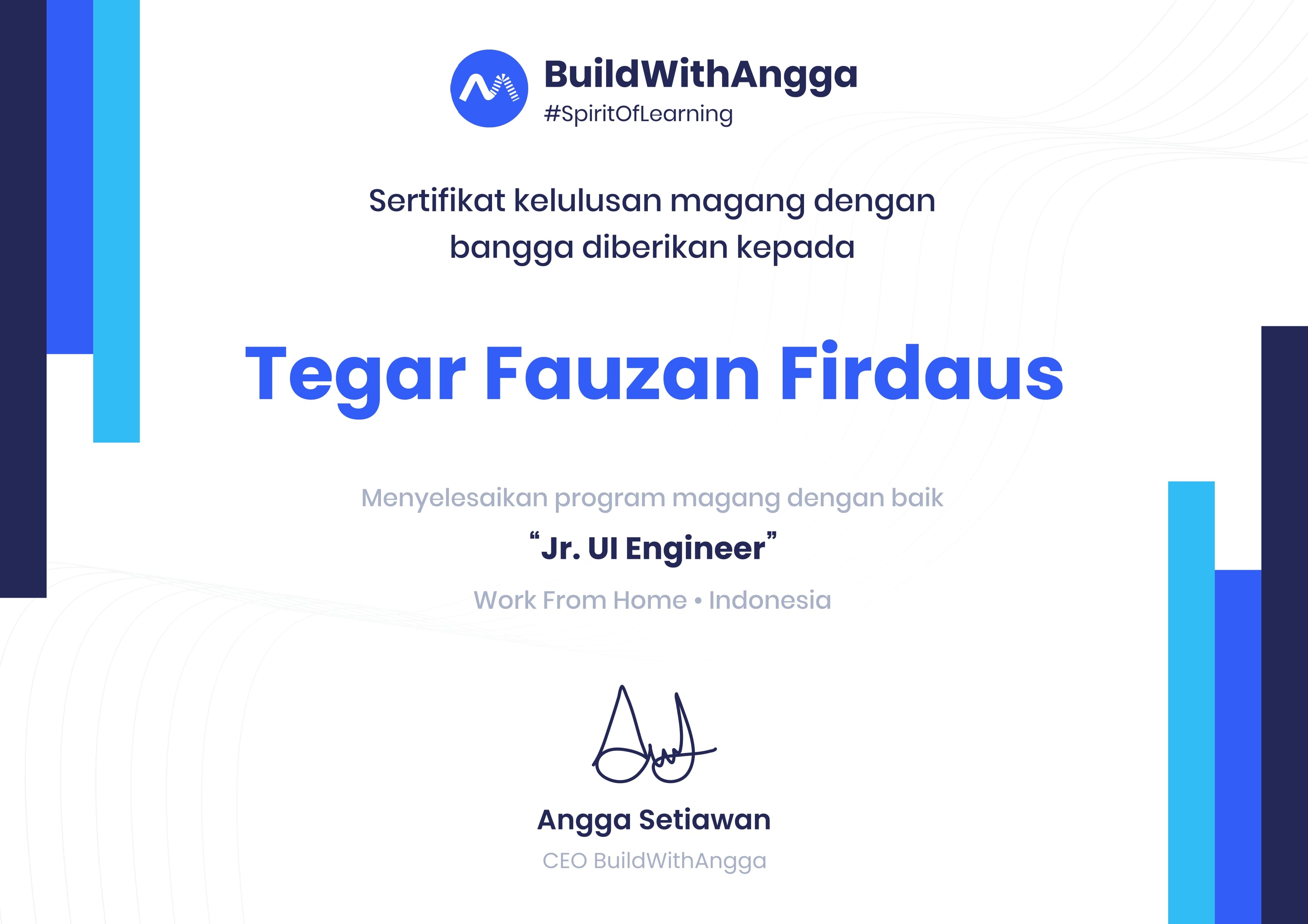 Jr. UI Engineer Internship Program Certificate