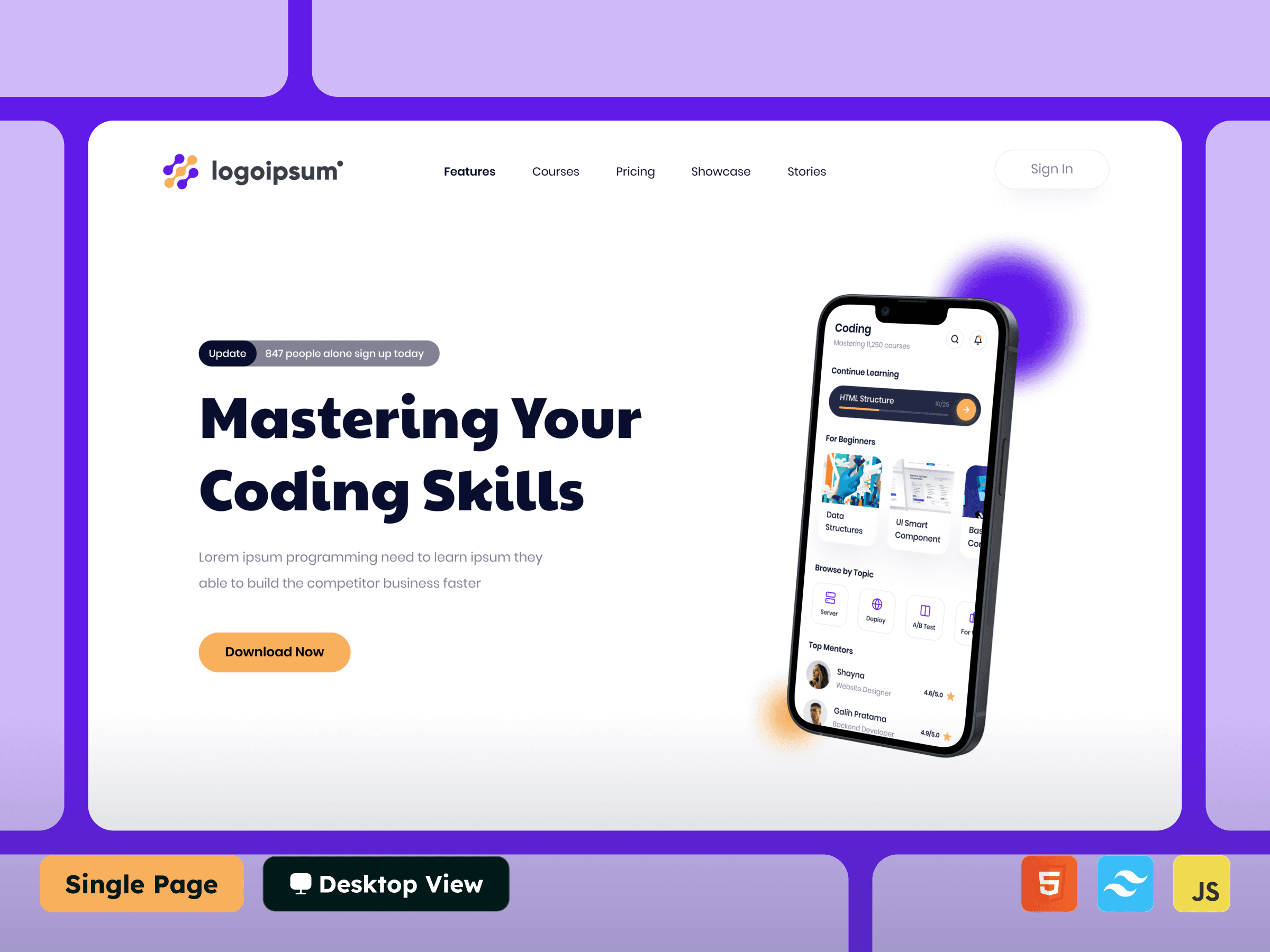 LearnCoding - Header HTML Tailwind CSS Template Thumbnail